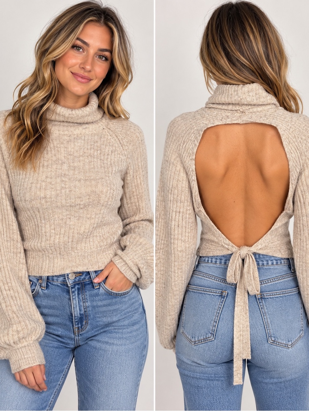 POL Open-Back Ribbed Turtleneck Sweater in Beige